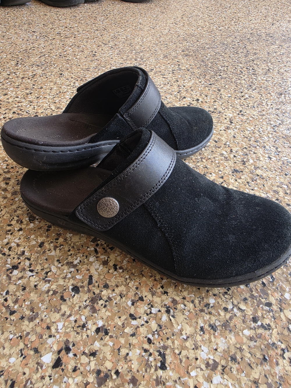 Clarks Black Suede Slip-On Mule Clogs with Strap Accent